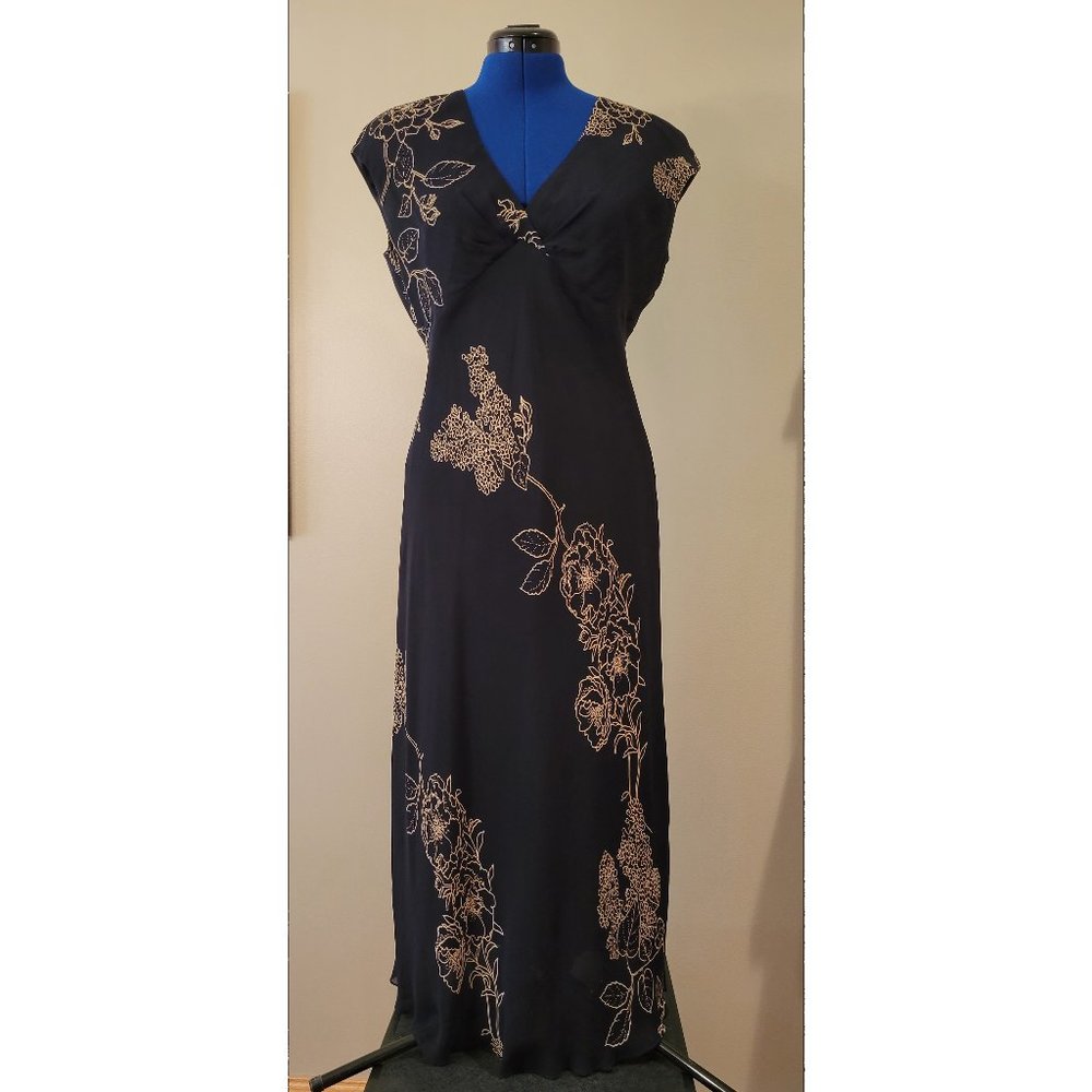 Jones New York Long Evening Dress, Cap Sleeve, Black w Taupe Floral, Size 8